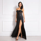 Nukty Off Shoulder Sparkle Glitters Floor Length Split Party Maxi Dress Full Lining Padded Backless Long Black Dress