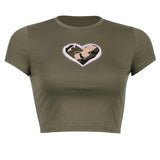 Nukty Fat Women Camouflage Love Print T Shirt Short Sleeve Crop Top + Pleated Khaki Skirt Set with Belt Punk Student Women Set Plus