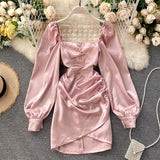 Nukty Pink Satin Dress Puff Sleeve Square Collar Ruched Mini Dress Solid Sexy Streetwear Outfits Ladies Club Party Vestidos