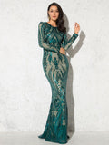 Gold Long Sleeve Stretch Sequin Maxi Dress Floor Length Full Lining O Neck Evening Night Gown Green