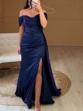 Off the Shoulder Ruched Long Satin Maxi Dress with Ribbon Formal Pleated Leg Split Prom Gown