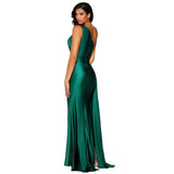 One Shoulder Satin Maxi Dress Hollow Out Slit Leg Sexy Long Evening Party Dress Gown Green Burgundy