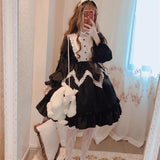Nukty In Wondeland Cute Women's Lolita OP Dress Flouncing Lace Trim Japanese Harajuku Long Sleeves Doll Dress Fairy Vestidos