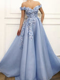 Vkiss Store Off Shoulder Tulle Prom Dresses Women Formal Party Night Long Light Blue Appliqus Elegant Evening Gowns