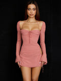 Nukty New Spring Long Sleeve Chiffon Dress Square Collar Padded Underwired Mini Dress Lovely Birthday Party Pink Outfits