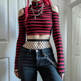 Nukty Gothic Mall Goth Striped Print T-shirt Hollow Out Slim Fit Turtleneck Crop Top E-girl Harajuku Grunge Emo Alt Tees Women Clothes