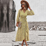 Spring Autumn Long Bandage Print Dress For Women New V Neck Full Sleeve Hight Waist Winter Maxi Dresses Ladies Elegant