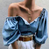 Nukty Off Shoulder Puff Sleeve Women's Shirs Autumn Sexy Single Breasted Female Denim Tops Spring Trend Fashion Ladies Shirts