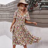 Spring New Short Sleeve Floral Dress Women Casual High Waist Sexy V Neck Print Summer Long Dress