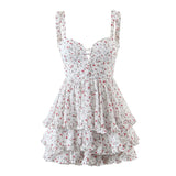 Nukty Vintage Spring Summer Chic Floral Print Lace Square Neck Cute Cake Cascading Ruffled Strap Mini Dress Woman New