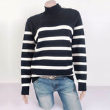 New Autumn Winter Turtleneck Knitted Sweater Women Casual Rivets Striped Pullovers Sweater Female Oversize Tops