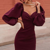 Ladies Sexy Fashion Elegant Dress Puff Sleeve Strapless Mid-length Tight Party Evening Dress Retro Palace Dress Women Vintage