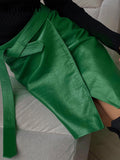 Nukty Faux Leather Crocodile Pattern A-Line Skirt Women Fashion Elegant Solid Green High Waist Split Mini Skirts Autumn