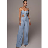 Rompers Womens Jumpsuit Casual Overalls Sexy Crop Top and Wide Leg Long Pants Set Elegant Off Shoulder Bow Tie Casual Jumpsuit