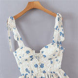 Nukty New Summer Sexy Tube Top Waist Lace-Up Stitching Stacked Ruffles Fashion Floral Print Short Mini Strap Dress