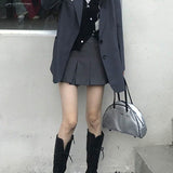 HOUZHOU Vintage Gray Pleated Skirt Women Kawaii High Waist Mini Skirts Korean Fashion School Uniform Harajuku Streetwear Autumn