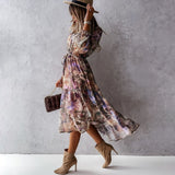 Long Dress Women Floral Print V Neck Elegant Autumn Long Sleeve Ruffles A Line Dress Ladies Casual Vintage Maxi Dresses