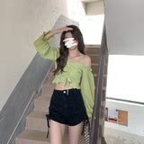 Nukty Fashion Woman Blouses Off Shoulder Top Sexy Blouse Thin Strape Backless Crop Tops Club Evening Party Clothes Korean New