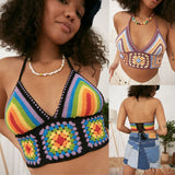 Summer Ladies Sexy Midriff-baring Camisole Girls Creative Colorful Stripe V-neck Sleeveless Base Shirt Knitted Tops