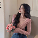 Lace Chiffon Blouse Women's Autumn and Winter V-neck Sexy Foreign Style Short Long Sleeve Inner Bottoming Shirt Tight Slim Top