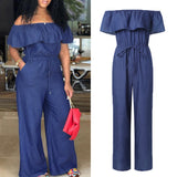 Nukty Fashion Casual Women Solid Off Shoulder Long Romper Jumpsuit Bodysuit Overall Wide Legs