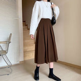 HOUZHOU Vintage Pleated Long Skirts Women Brown Kawaii High Waisted A-line Midi Skirt Autumn Korean Fashion Preppy Style Girls