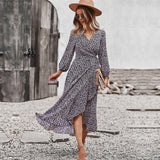 Spring Autumn Long Bandage Print Dress For Women New V Neck Full Sleeve Hight Waist Winter Maxi Dresses Ladies Elegant