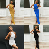 Summer Dress Sexy Maxi Dress Bodycon Women Halter Backless Knitted See Through Beachwear Summer Holiday Long Split Dresses