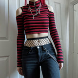 Nukty Gothic Mall Goth Striped Print T-shirt Hollow Out Slim Fit Turtleneck Crop Top E-girl Harajuku Grunge Emo Alt Tees Women Clothes