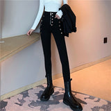 Nukty Spring Autumn New fashion jeans Women Double Breasted Decoration high Waist Black Elastic Slim Casual Pencil Pants