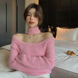 Mink Fleece Sweater Pullover Female Blue Off-shoulder Design Sense Niche Long-sleeved Bottoming Shirt Autumn Knit Sweater Top