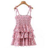 Nukty Sweet Women Floral Print Sexy Sling Cake Dress Ladies Summer Holiday Chiffon Robe Short Vestido