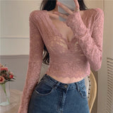 Lace Chiffon Blouse Women's Autumn and Winter V-neck Sexy Foreign Style Short Long Sleeve Inner Bottoming Shirt Tight Slim Top