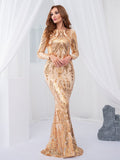 Gold Long Sleeve Stretch Sequin Maxi Dress Floor Length Full Lining O Neck Evening Night Gown Green