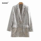 Women Geometric Pattern Sequined Blazer Feminino Shining Pockets Long Sleeve Outerwear Vintage Female Casual Tops