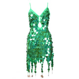 Nukty Women Boho Sequin Fish Scales Tassel Dress Belly Dance Performance Sparkly Dress Festival Clothes Rave Party Costume