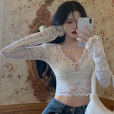 Lace Chiffon Blouse Women's Autumn and Winter V-neck Sexy Foreign Style Short Long Sleeve Inner Bottoming Shirt Tight Slim Top