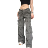 Pockets Pathwork Low Waist Baggy Jeans Streetwear Women 90S Bright Line Grunge 90S Jeans Cargo Pants Wide Leg Harajuku