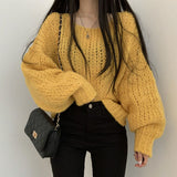 Y2K South Korean Chic Spring Hundred Candy-colored Cover Head Loose Thick Line Casual Lantern Sleeve Knitted Soft Sweater Woman