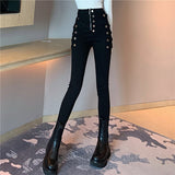 Nukty Spring Autumn New fashion jeans Women Double Breasted Decoration high Waist Black Elastic Slim Casual Pencil Pants