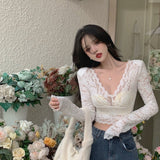 Lace Chiffon Blouse Women's Autumn and Winter V-neck Sexy Foreign Style Short Long Sleeve Inner Bottoming Shirt Tight Slim Top