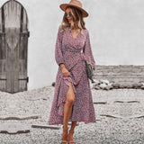 Spring Autumn Long Bandage Print Dress For Women New V Neck Full Sleeve Hight Waist Winter Maxi Dresses Ladies Elegant