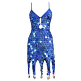 Nukty Women Boho Sequin Fish Scales Tassel Dress Belly Dance Performance Sparkly Dress Festival Clothes Rave Party Costume