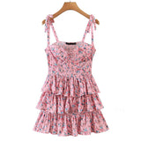 Nukty Sweet Women Floral Print Sexy Sling Cake Dress Ladies Summer Holiday Chiffon Robe Short Vestido