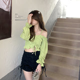 Nukty Fashion Woman Blouses Off Shoulder Top Sexy Blouse Thin Strape Backless Crop Tops Club Evening Party Clothes Korean New