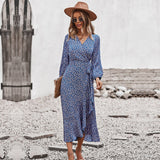 Spring Autumn Long Bandage Print Dress For Women New V Neck Full Sleeve Hight Waist Winter Maxi Dresses Ladies Elegant