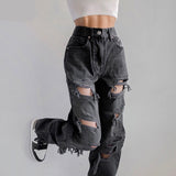 Nukty Black Ripped High Waist Jeans for women Vintage Clothes y2k Fashion Straight Denim Trousers Streetwear Hole Hip Hop Pant jeans
