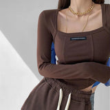 Nukty American Style Brown Cropped Top Women Fashion Skinny Sexy Long Sleeve T Shirts Female Casual Square Neck Tees