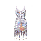 Nukty Women Boho Sequin Fish Scales Tassel Dress Belly Dance Performance Sparkly Dress Festival Clothes Rave Party Costume