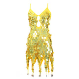 Nukty Women Boho Sequin Fish Scales Tassel Dress Belly Dance Performance Sparkly Dress Festival Clothes Rave Party Costume